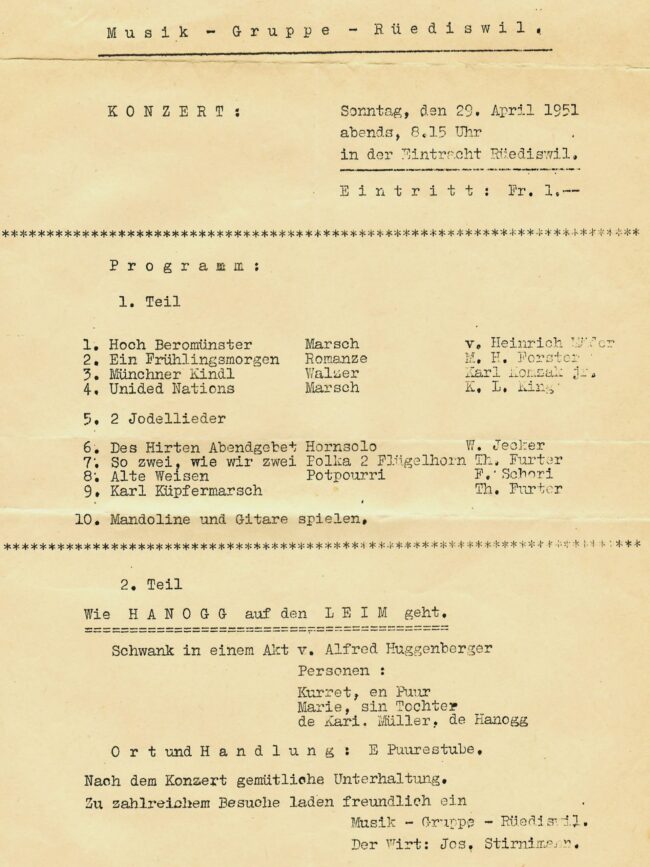 Das erste Programm des Konzerts vom 29. April 1951 der Musik-Gruppe Rüediswil (Ortsmusik Rüediswil) siehst du auf dem Bild