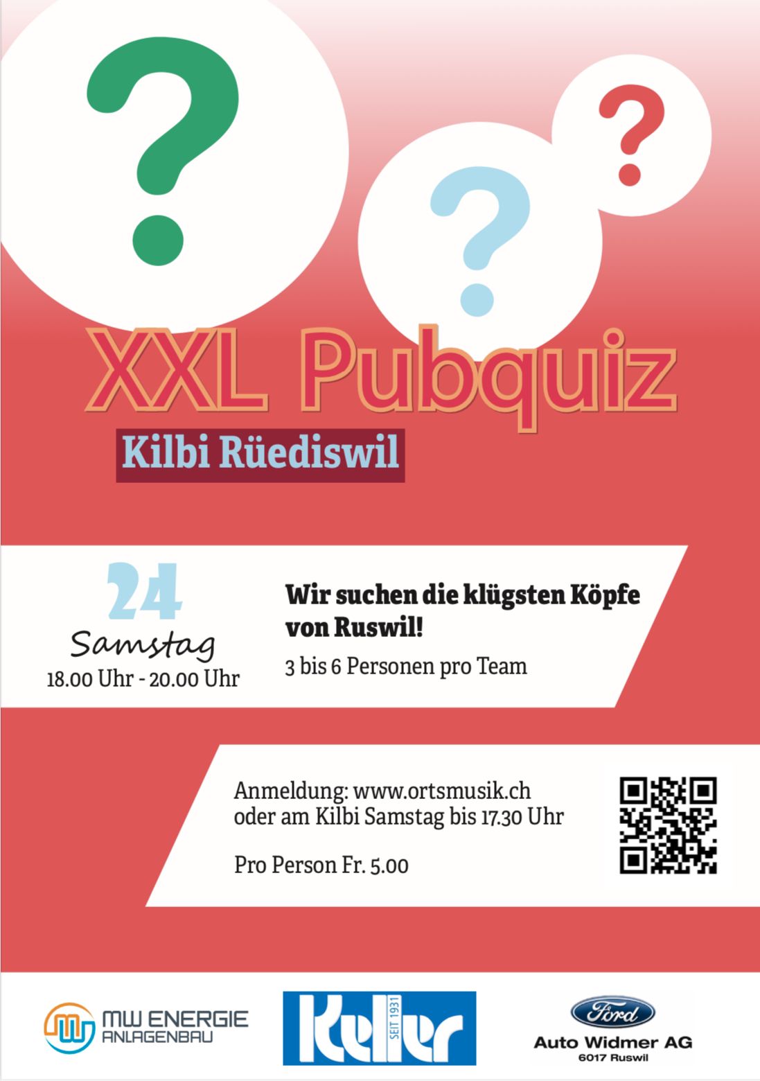 XXL PubQuiz am Samstag, 24. August 2024 von 18-20 Uhr an der Kilbi Rüediswil der Ortsmusik Rüediswil