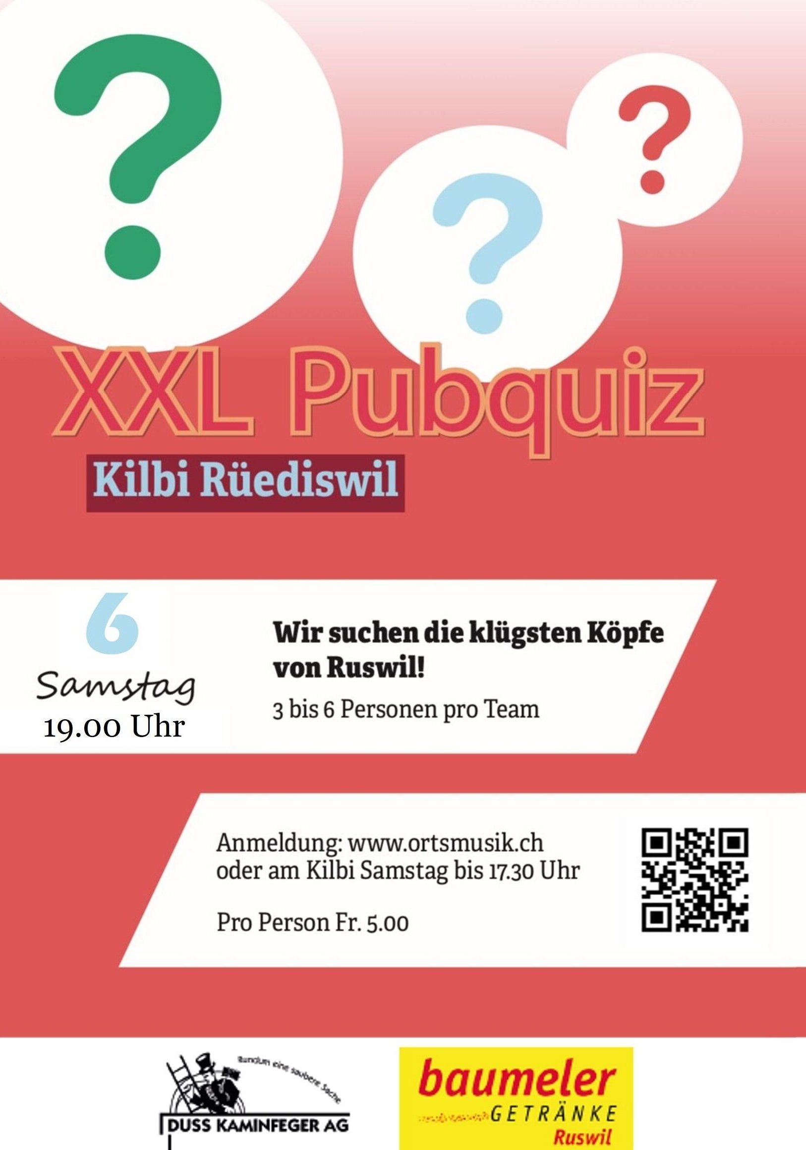 XXL PubQuiz am Samstag, 6. September 2025 ab 19.00 Uhr an der Kilbi Rüediswil der Ortsmusik Rüediswil